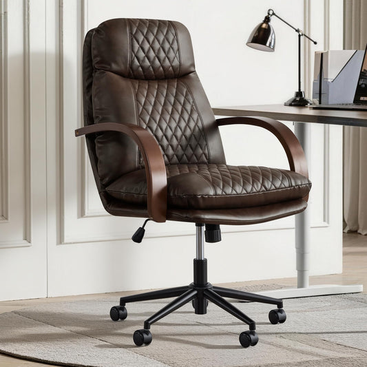KISLOT Home Office Desk Chair, Ergonomic Office Chair with Lumbar Support, Adjustable Swivel Computer Chair with Wheels, Faux Leather Executive Task Chair with Wood Arms, Espresso