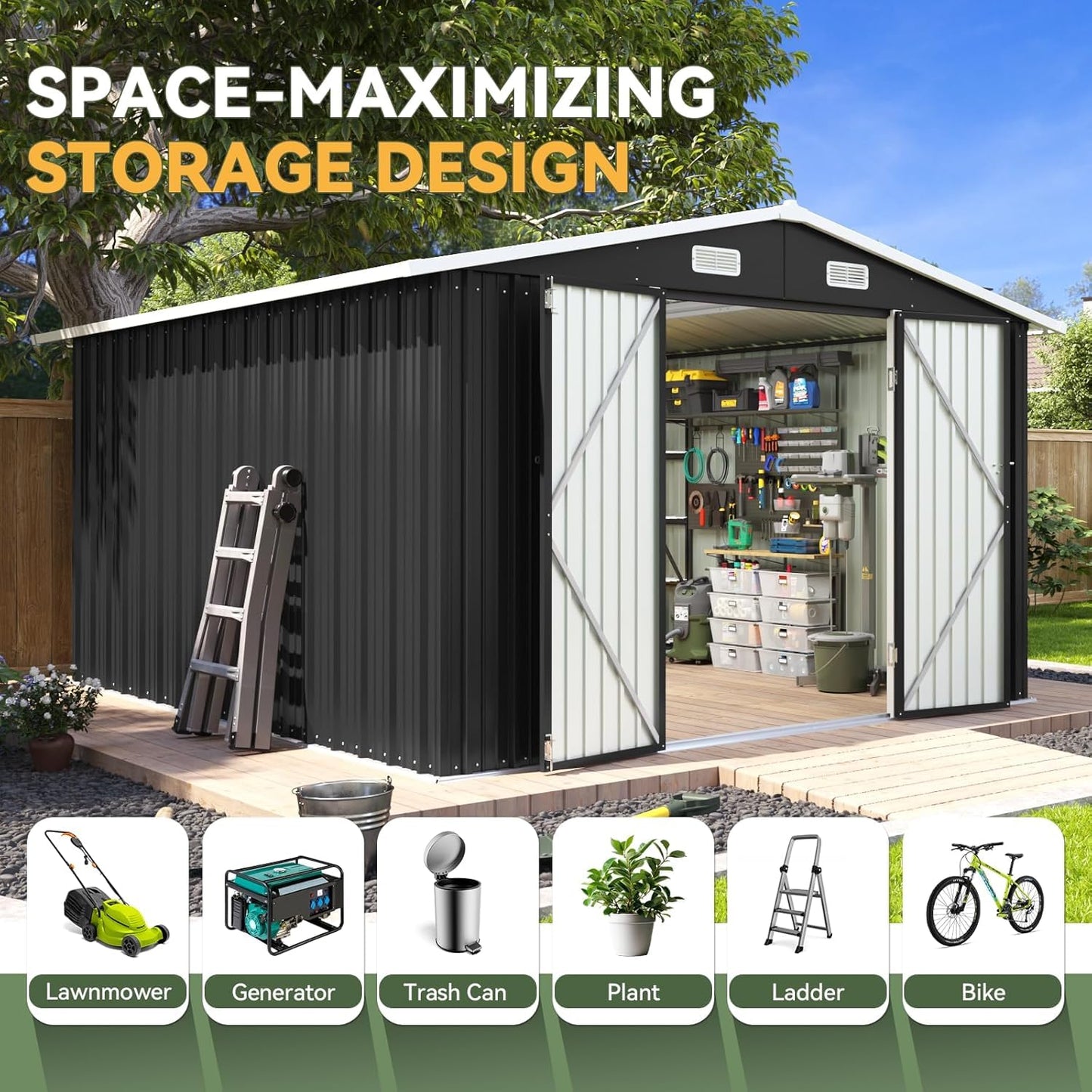 Aoxun 10 x 12FT Outdoor Storage Shed with Double Hinged Large Door Metal Sheds Outdoor Storage for Garden Utility Garden Shed with Lockable Door & Sloped Roof, Backyard, Patio and Backyard, Black