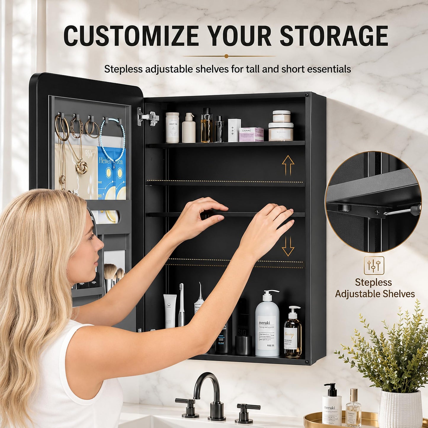 MemoCastle Medicine Cabinet with Mirror, 20x30 Inch Aluminum Bathroom Cabinet with Adjustable Shelves, Built-in Makeup Storage, Recessed or Surface Mount, Soft Close Hinges, Matte Black