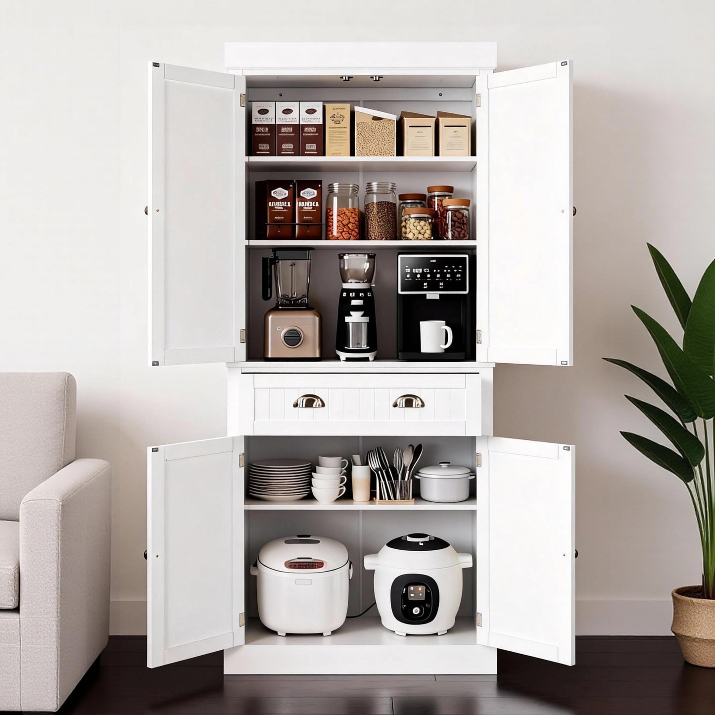 VINGLI 71-Inch White Storage Cabinets with Drawers, Freestanding Pantry Cabinets with Doors and Shelves Adjustable, Wood Farmhouse Kitchen Pantry Cupboard