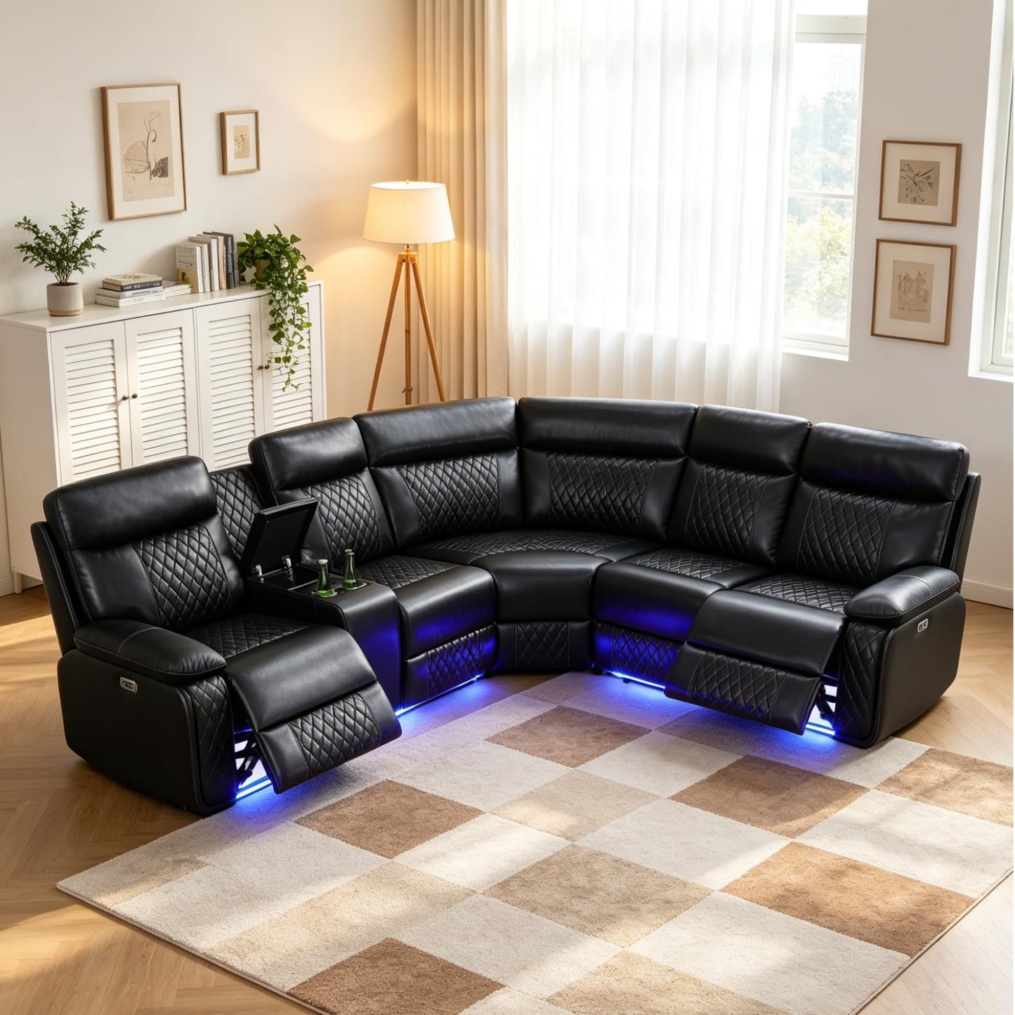 Trygoal Power Reclining Sectional Sofa Set, Modern L-Shaped Couch with Recliner, 4 Seat Power Reclining Sofa, Reclining Sectional Couches for Living Room, Home, Office, Leather, Dark Black