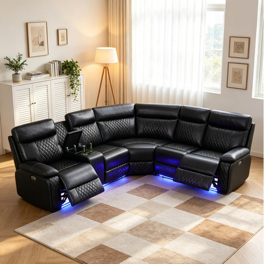 Trygoal Power Reclining Sectional Sofa Set, Modern L-Shaped Couch with Recliner, 4 Seat Power Reclining Sofa, Reclining Sectional Couches for Living Room, Home, Office, Leather, Dark Black