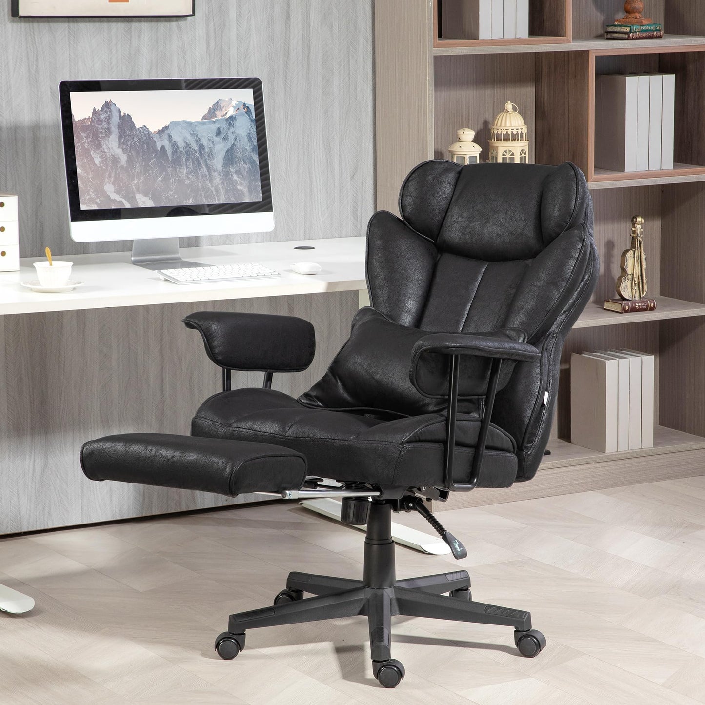 HOMCOM Executive Office Chair, 400LBS Big and Tall Office Chair with Foot Rest, Microfiber Computer Desk Chair with Lumbar Support, Reclining Function and Wide Seat, Black