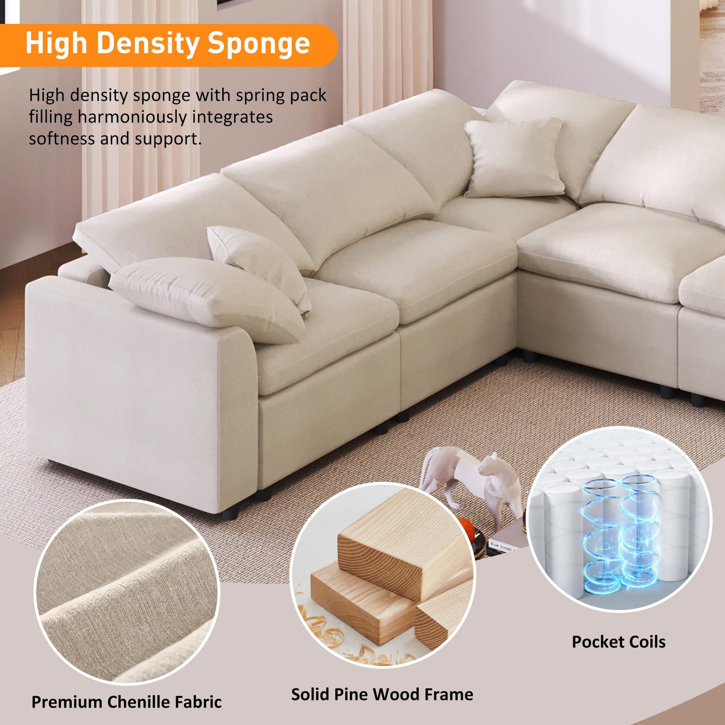 124.8" W Large Modular Sectional Sofa L Shaped Modern Couch with Ottoman, Deep Seat and Wide Chaise for Living Room, Beige