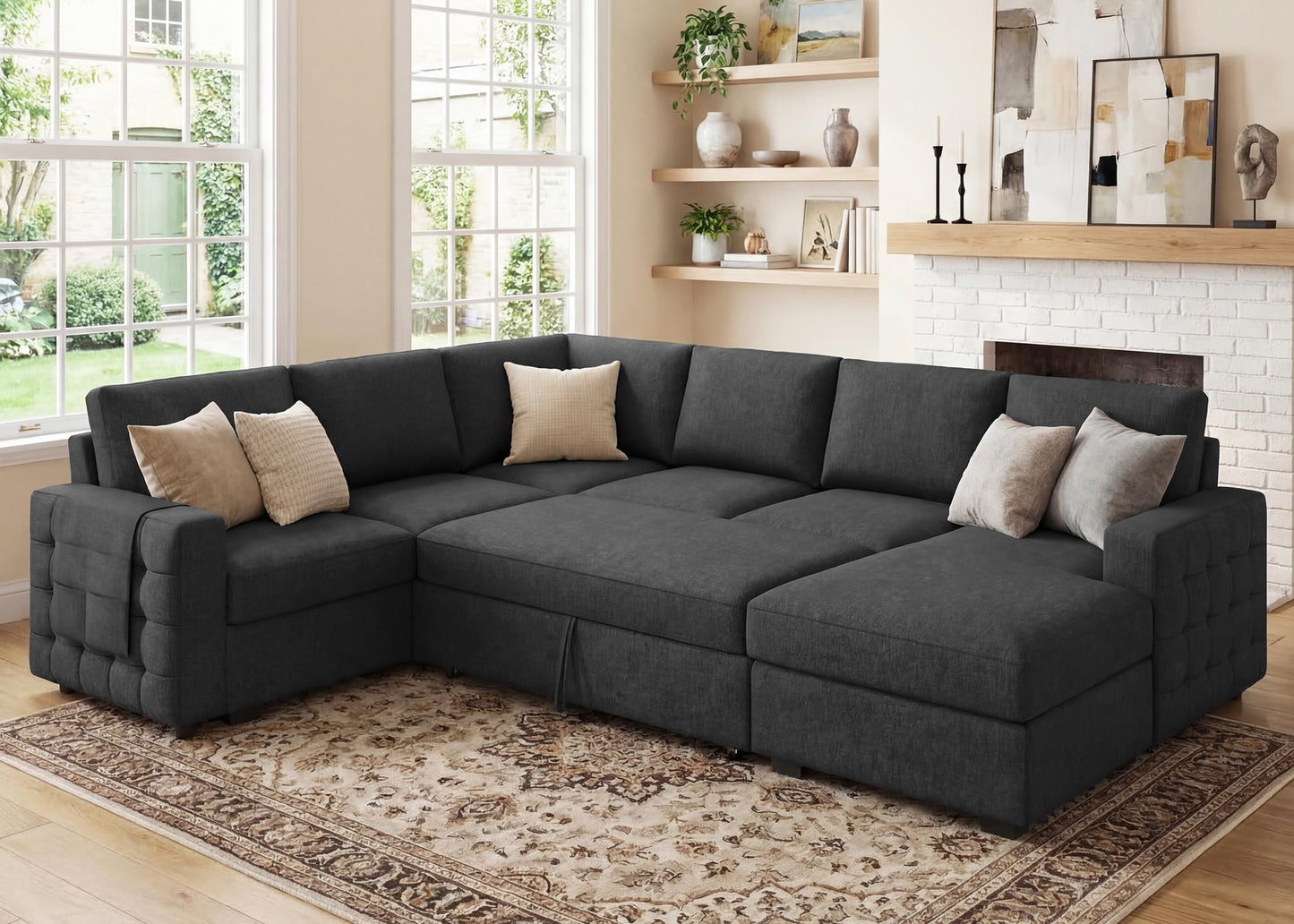 HONBAY Sectional Couch with Pull Out Bed, Sectional Sleeper Sofa with Storage, U Shape Couches for Living Room, Dark Grey