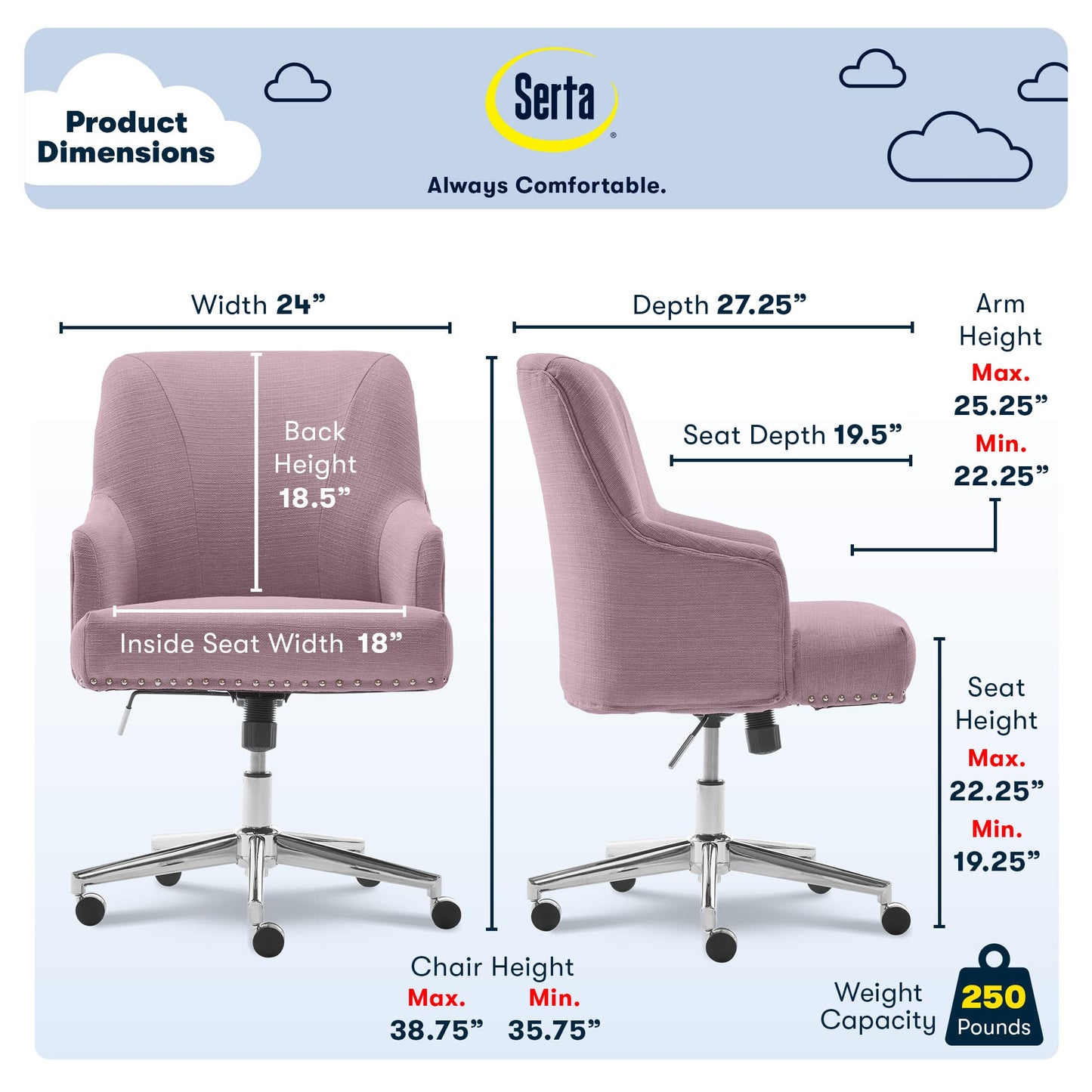 Serta Leighton Home Office Desk Chair, Mid-Back with Chrome Nailheads, Memory Foam Cushion and Padded Arms, Modern Makeup Vanity Armchair with Wheels, Swivel Base, Bonded Leather, Lilac Purple