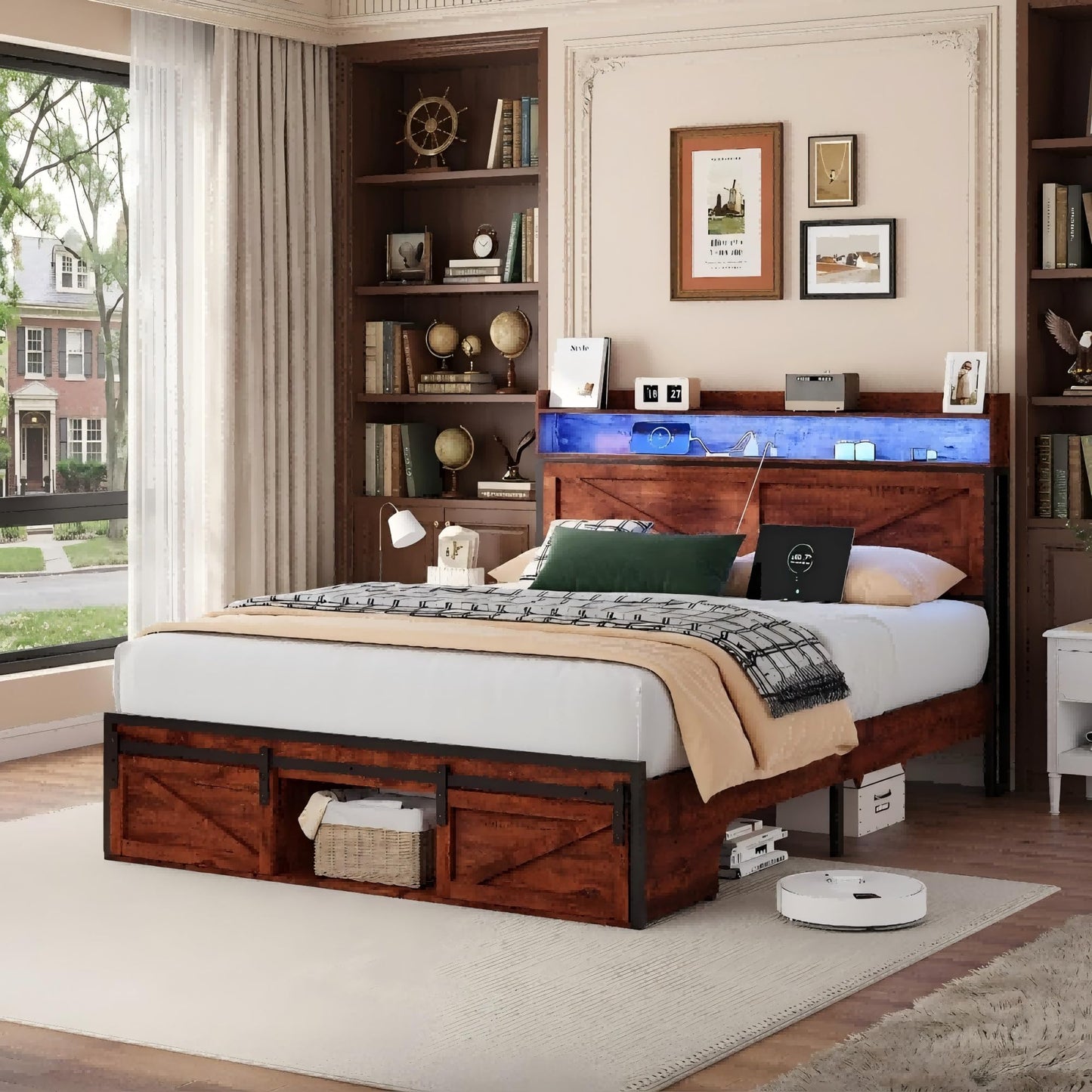 KEIKI Full Size Bed Frame with Storage Headboard, Wood Platform Bed with Charging Station & Footboard Drawers, Sturdy Metal Slats, Noise-Free, No Box Spring Needed, Brown