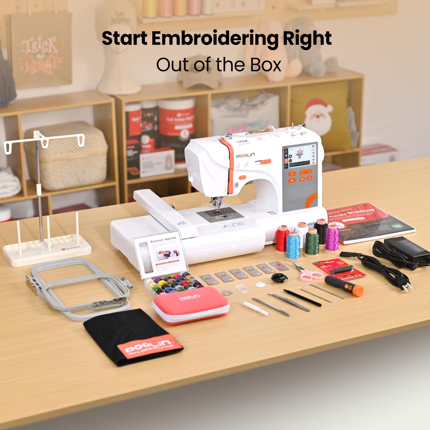 PooLin EOC03 Embroidery Machine 4x4 & 4x9.25 Embroidery Area for Beginners, Easy Operation System, 130 Built-in Designs, 8 Fonts, WiFi Design Transfer, Home DIY Embroidery Machine with Starter Kit
