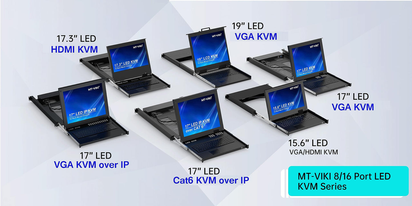 MT-VIKI 8 Port Rack Mount KVM Over IP Remote Access Console With 17'' LCD Monitor, 1 Local & 1 Remote Access, 8 Cables Included