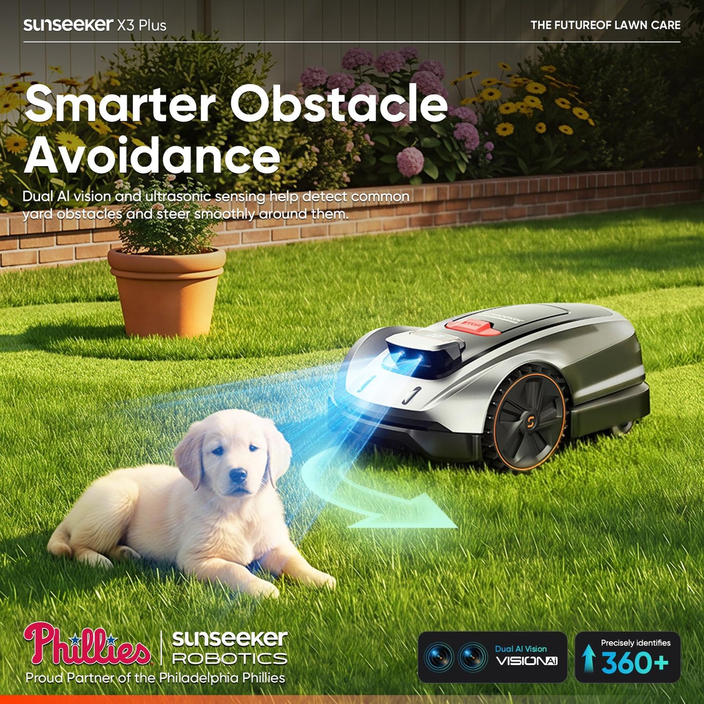 Sunseeker X3 Plus Robot Lawn Mower, Wire-Free Robotic Mower for 0.3 Acre, RTK + Vision AI Navigation, Vision AI Obstacle Avoidance, Ride-on-Edge Cutting, App Control.Multi-Zone Management