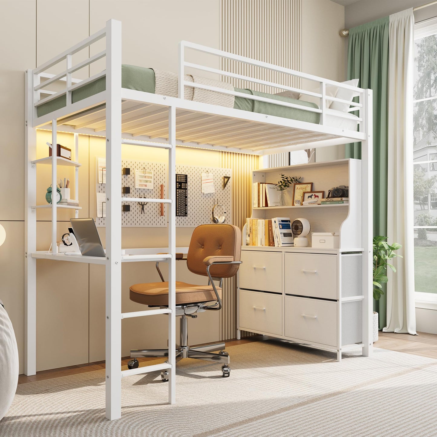 Twin Size Loft Bed with Desk, 4 Large Fabric Drawers and Open Shelves, Heavy Duty Metal Loft Bed with LED Lights, Power Outlets, Safety Guardrails & Ladder, Space Saving, No Box Spring Needed, White