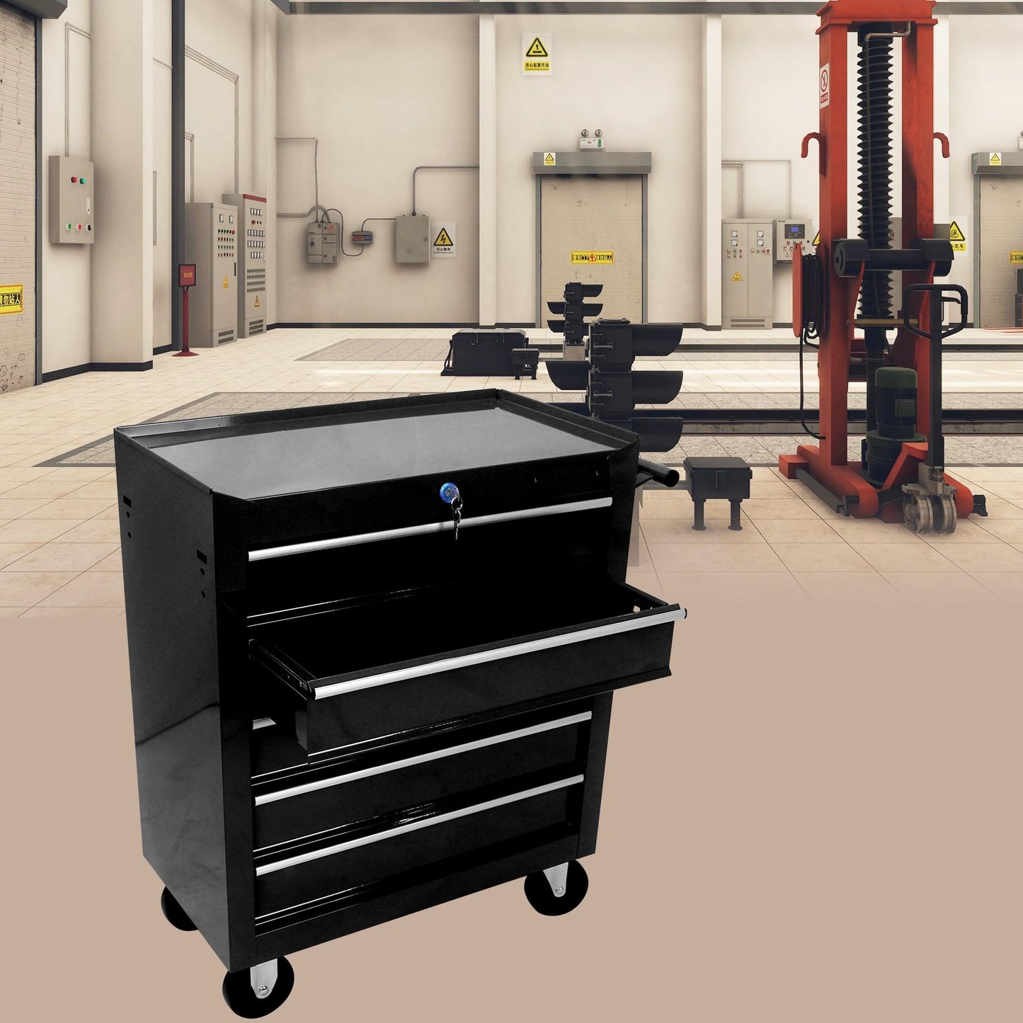 Tool Cart on Wheels, 5 Lockable Drawers Storage Cabinet Cart Rolling Tool Chest for Warehouse, Garage, Workshop Simple Assembly-Black