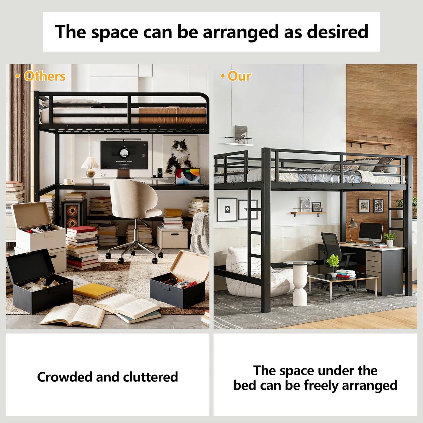 Bellemave Full Size Metal Loft Bed Frame with 2 Ladders, High Guardrail & Sturdy Iron Construction, Space-Saving Adult Loft Bed for Dorms, Safe for Kids, Teens, No Box Spring Needed, Black