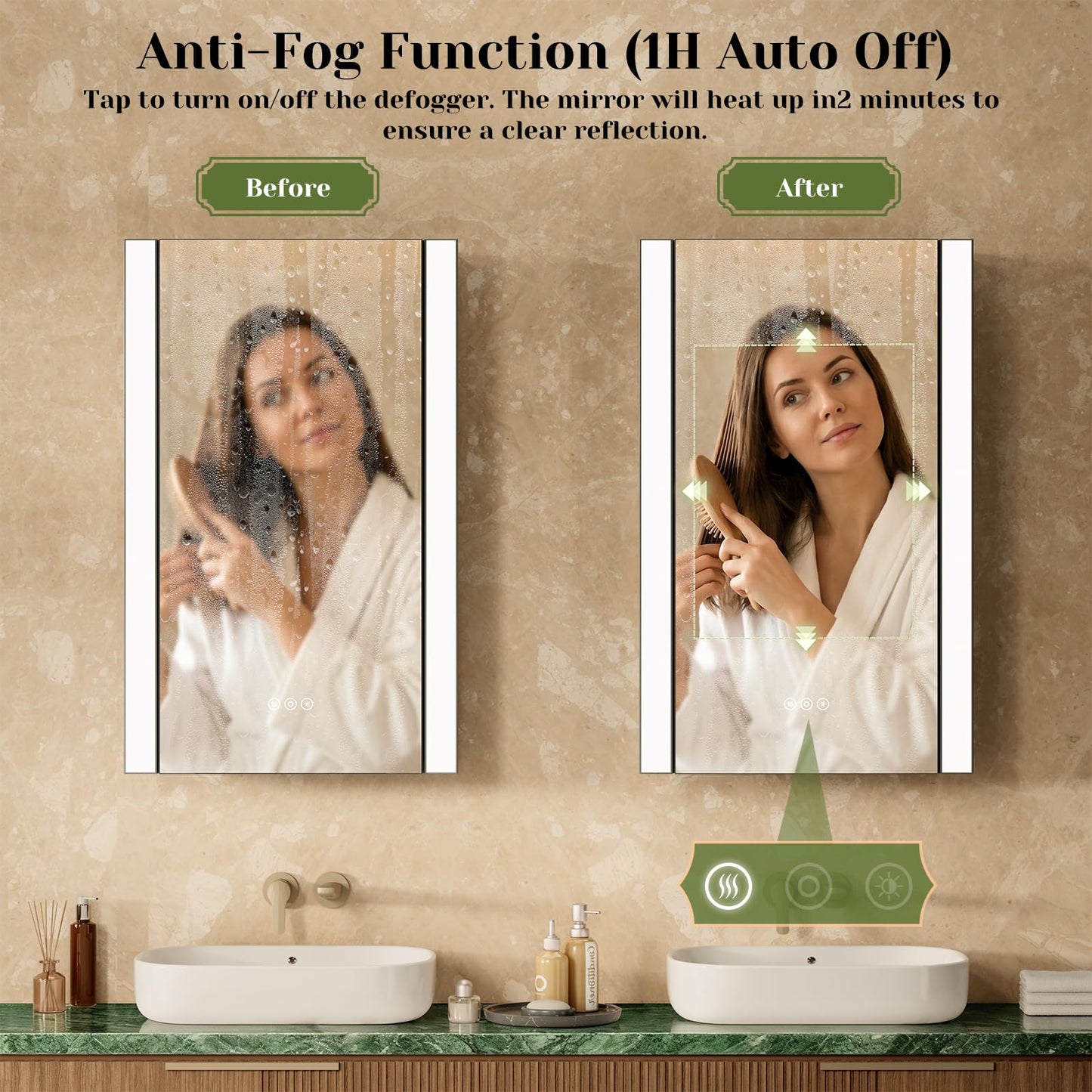 ACEMIRO 20x32 Inch Lighted Medicine Cabinet, Modern Bathroom Medicine Cabinet Mirror with Sleek Vertical LED Lights, Dimmer, Lower Outlet & USB, Smart Storage, Recessed or Surface Mount, 2 Shelves