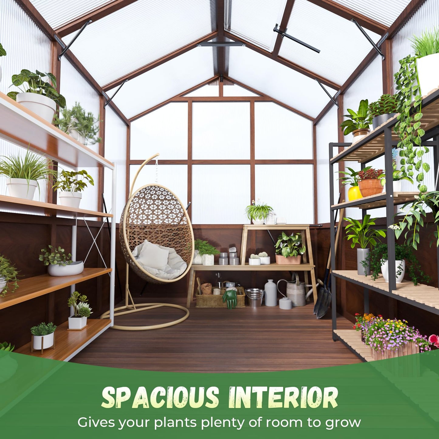 Jocoevol 6x8ft Outdoor Greenhouse, Wooden Frame Polycarbonate Greenhouse with Adjustable Roof Vents and Lockable Door Handle, Walk-in Greenhouse Perfect for Backyard and Garden