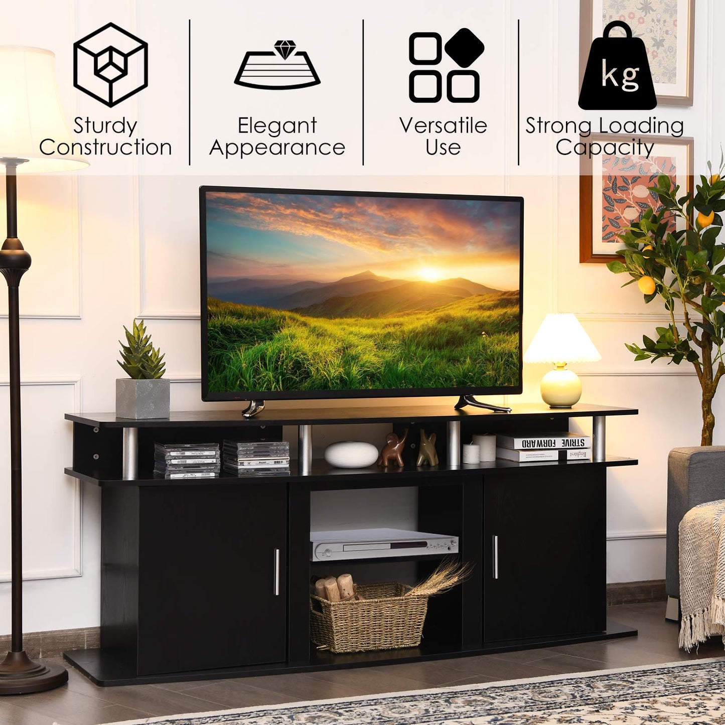 Tangkula Modern TV Stand for TVs up to 70 Inches, Living Room Console Table w/2 Cabinets & Open Shelves, Media Entertainment Center for 18 Inches Electric Fireplace (Not Included) (Black)