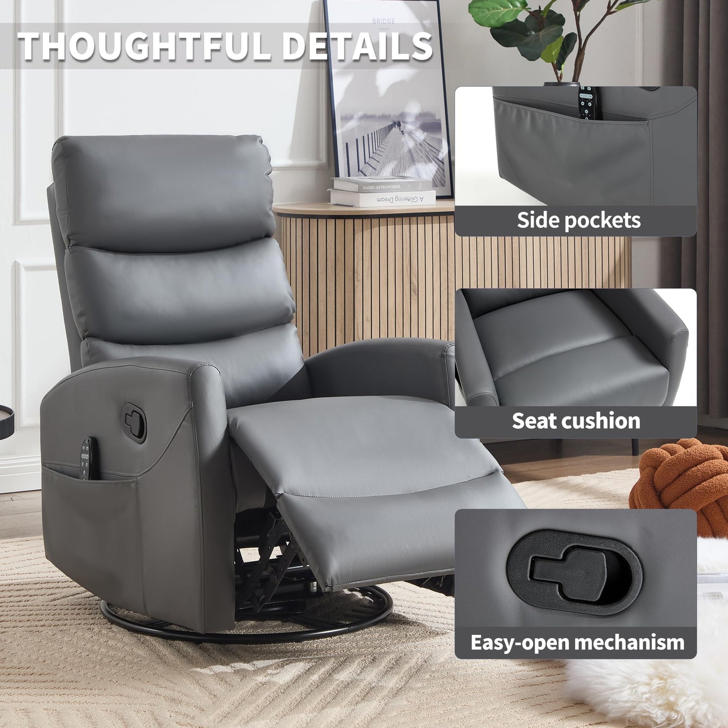 KEIKI 4-in-1 Manual Swivel Rocker Recliner Chair for Home Living Room, Faux Leather Chair with Back Massager & Heat, Home Theater Seating with Lumbar Support, Studio Apartment Essentials, Grey