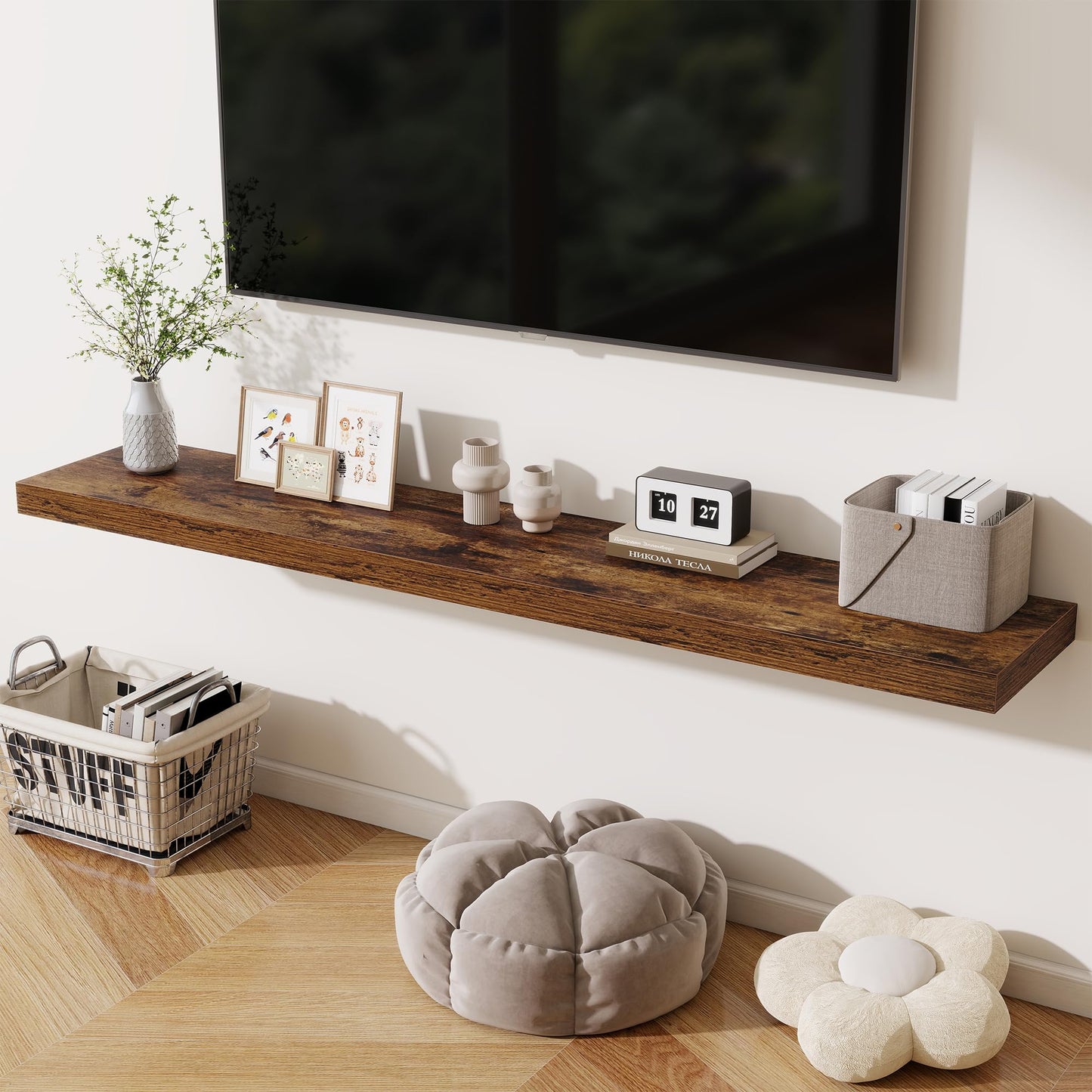 Fun Memories 72 Inch Fireplace Mantel Shelf, 12 Inch Deep Shelves for Display & Wall Storage, Rustic Wood Wall Shelf, Extra Long Floating Shelves for Living Room Laundry Room, Rustic Brown, Set of 2