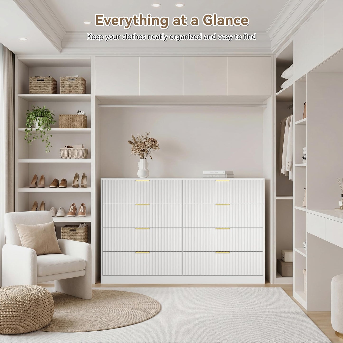RESOM White 8 Drawer Dresser for Bedroom, 55" Wide Fluted Chest of Drawers with Gold Metal Handles, Modern Wooden Dresser, Closet Storage Organizer Mid Century TV Stand for Living Room Hallway
