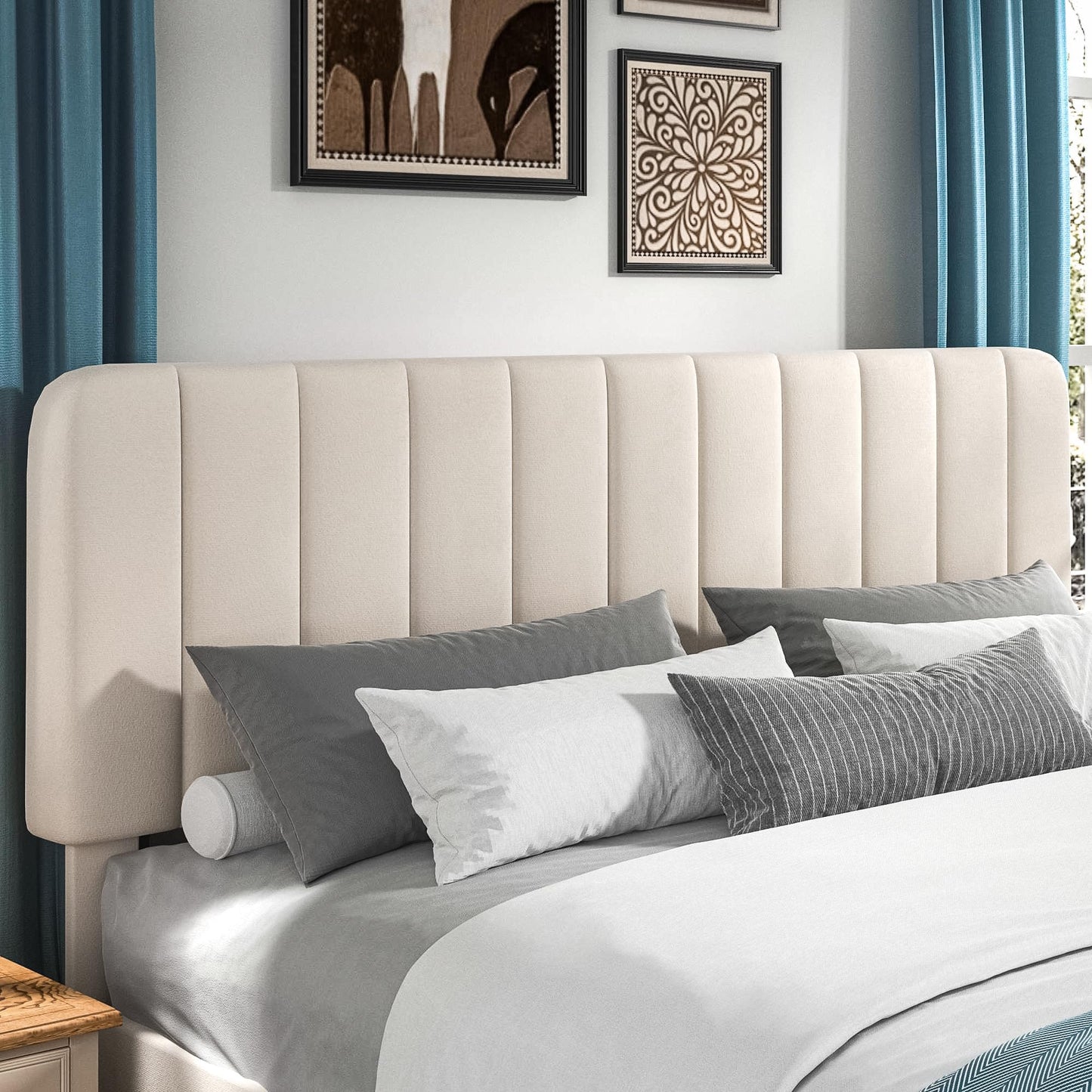 VECELO King Size Bed Frame with Upholstered Headboard, Velvet Platform Bedframe Mattress Foundation, Strong Wood Slat Support, No Box Spring Needed,Velvet Beige