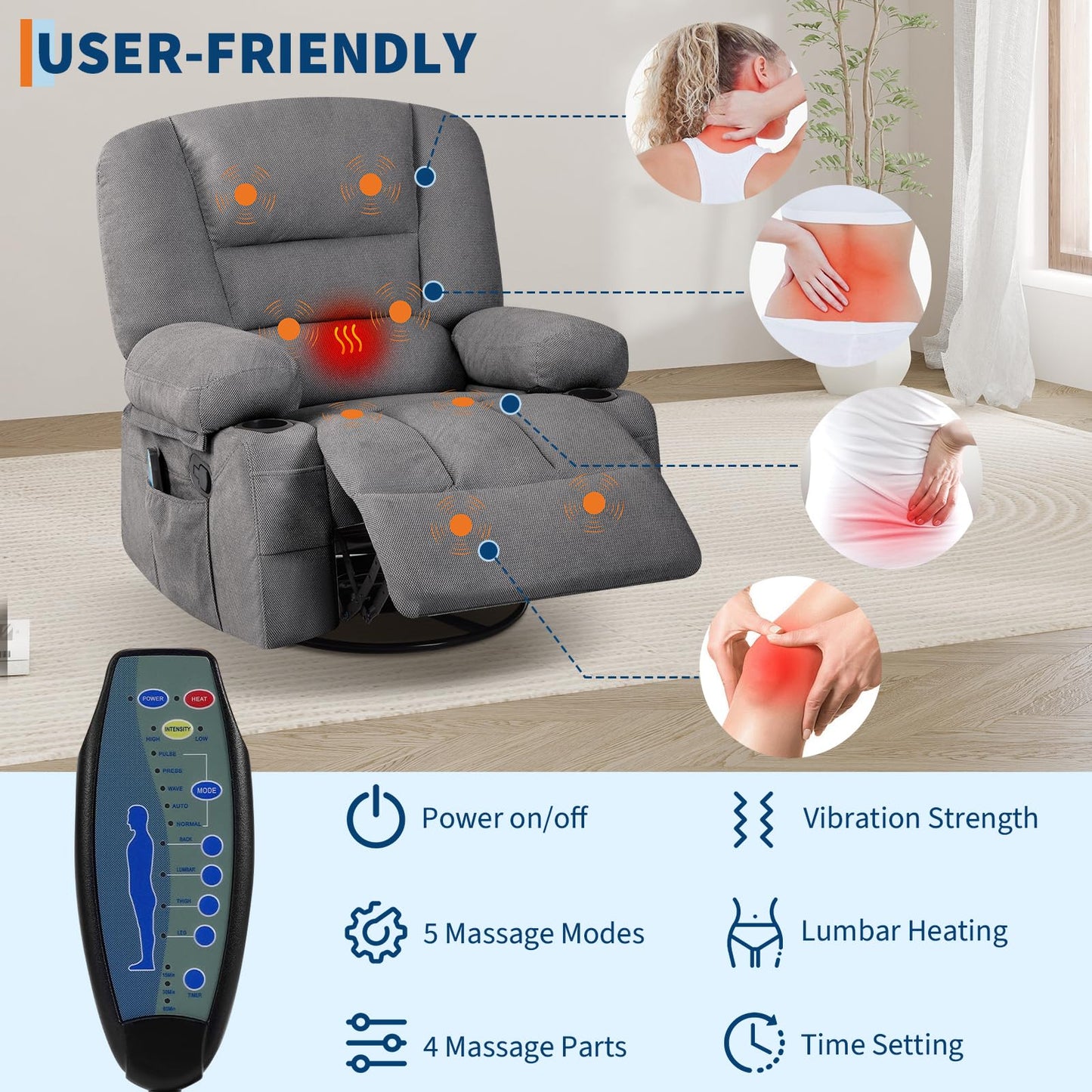 Massage Rocking Recliner Chair with Vibration and Heat, 360° Swivel Chenille Rocker Chairs for Living Room, Home Theater Seating with Cup Holders & Side Pocket for Adults, Living Room, Bedroom, Grey