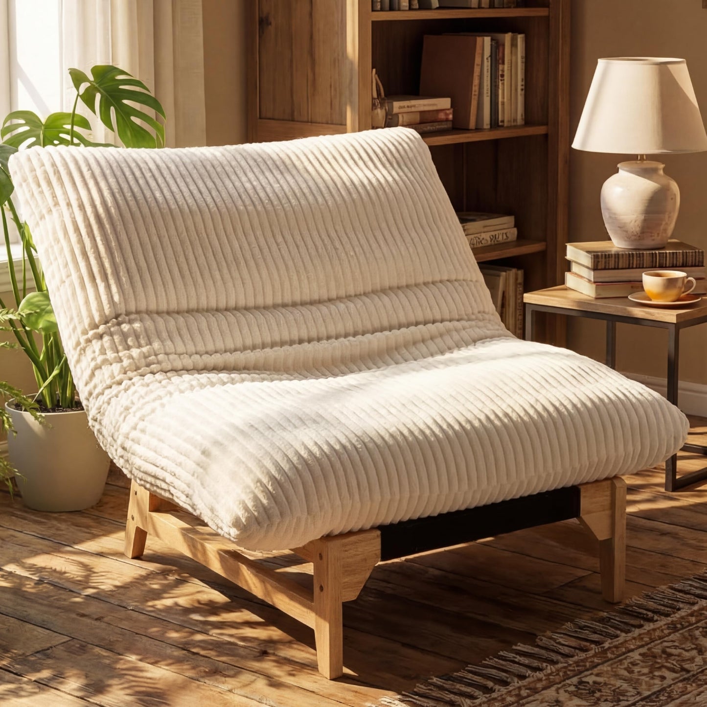KEIKI Large Bean Bag Chair, Adults Kids Comfy Corduroy Small Couch with Wood Frame, Big Accent Beanbag Lounge Chairs Indoor, Lazy Cozy Floor Sofa Couches for Living Room Reading, Easy Assembly, Beige