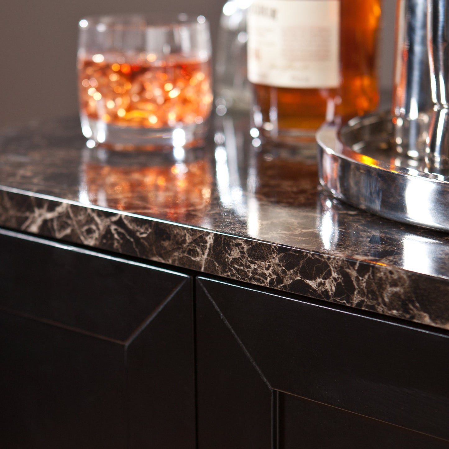 SEI Furniture Cape Town Bar Cabinet w/Wine Storage, Faux Marble Countertop with Black Finish