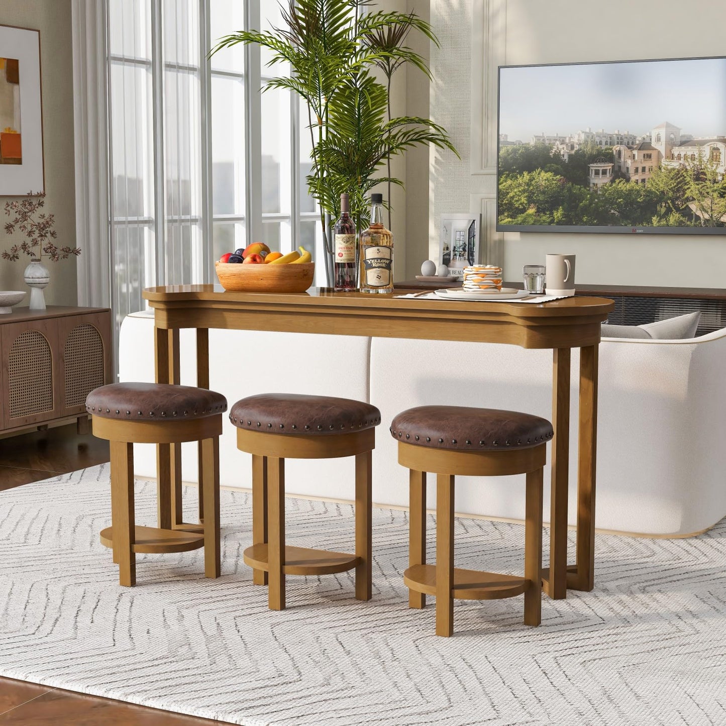 KEIKI 60" Solid Pine Wood Bar Table Set with 3 PU Stools Chairs, Long Bar High Top Dining Table & Upholstered Stools, Behind Couch Sofa Counter Height Pub Table for Breakfast, Kitchen Living Room