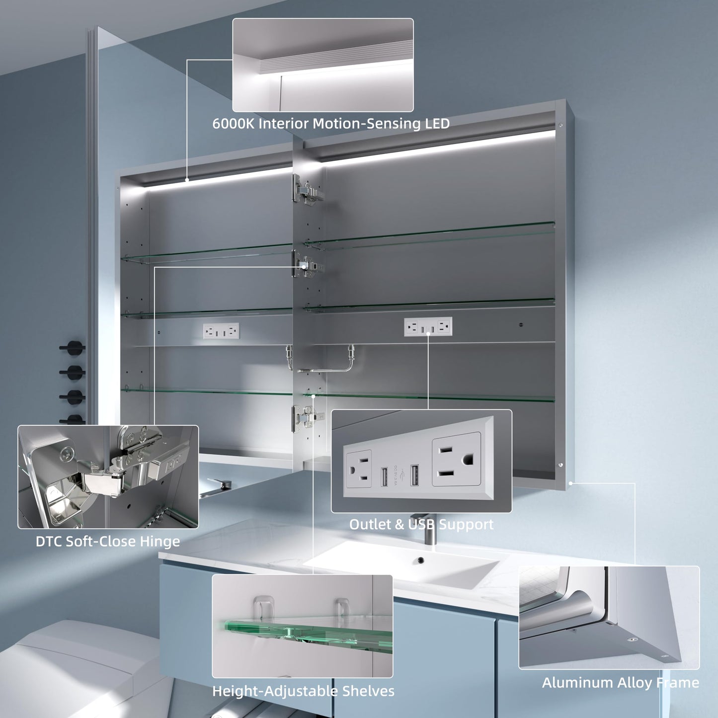 SGTLCNG LED Medicine Cabinet Mirror, 24x30 Inch Bathroom Storage, Recessed/Wall Mount, Plug-in/Hardwired, 3 Color Dimmable Light, Anti-Fog, Time Temp Display, Left Hinge