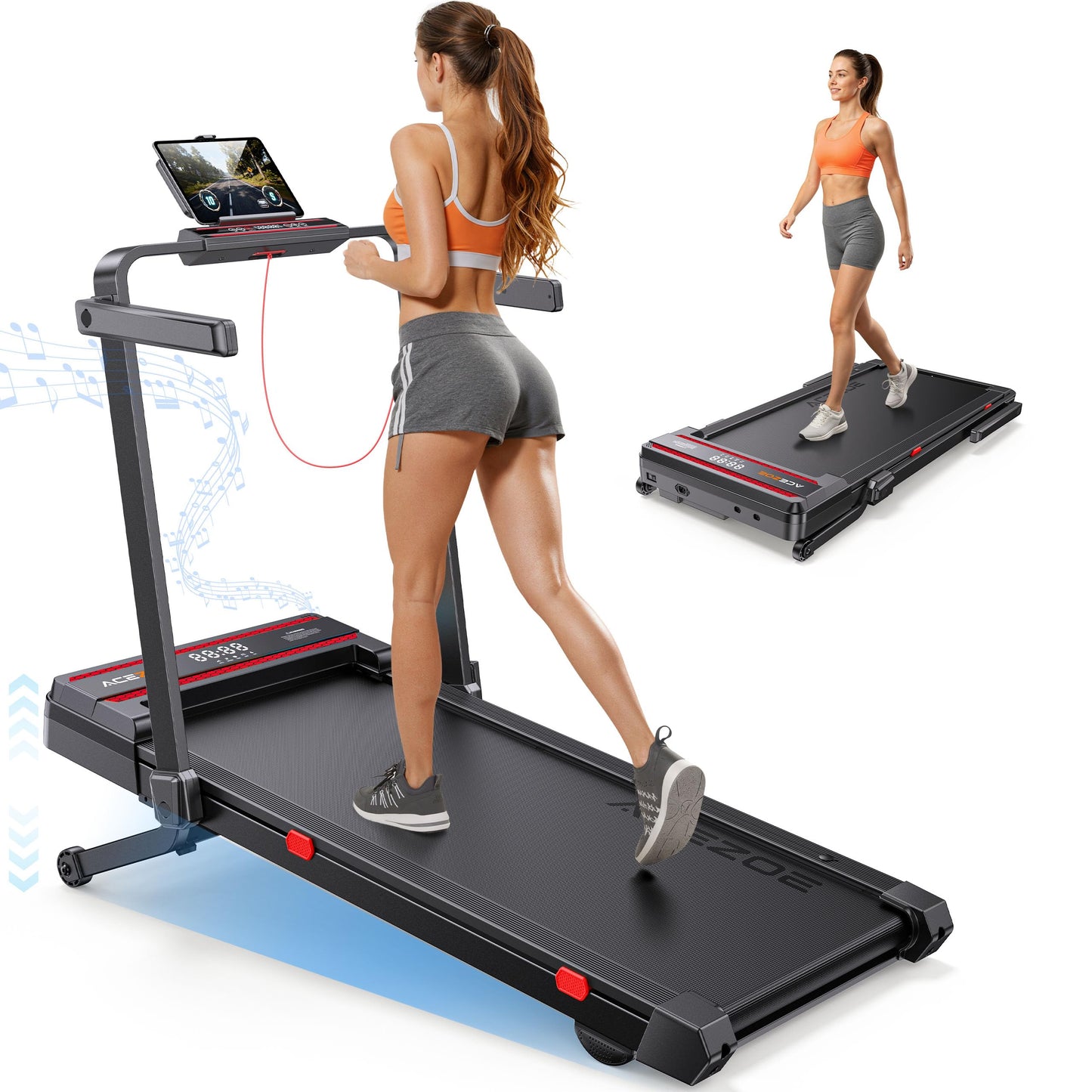 Foldable Walking Pad with 0-15% 9-Levels Auto Incline and Handle Bar, Under Desk Treadmill with 300LBS Weight Capacity, 3.0HP Quiet Treadmills for Home with Speaker, APP & Remote Control - Red