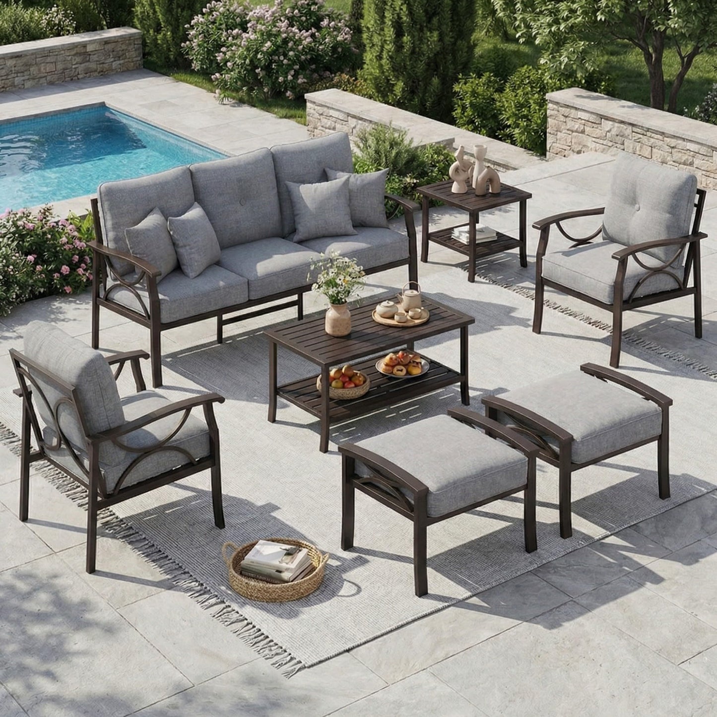 RoyalCraft 7-Pieces Outdoor Patio Furniture Set, Outdoor Metal Sectional Furniture with Cushions, Outdoor Conversation Seating Set with Coffee Table for Balcony, Backyard, Garden, Deck, Grey