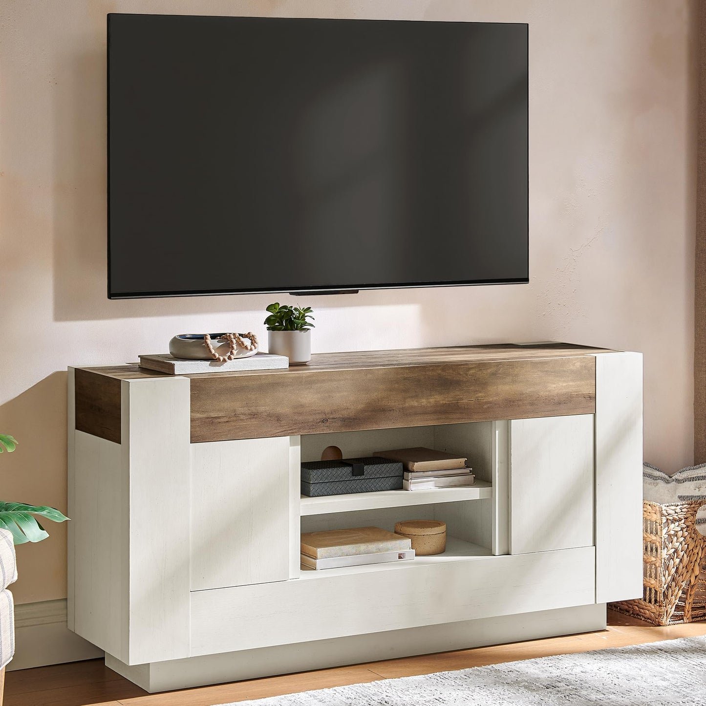 OKD Modern 55" TV Stand, Entertainment Center for TVs Up to 65", Media Console with Open Storage & Side Cabinets, Thick Wood Design for Living Room, Bedroom, Antique White