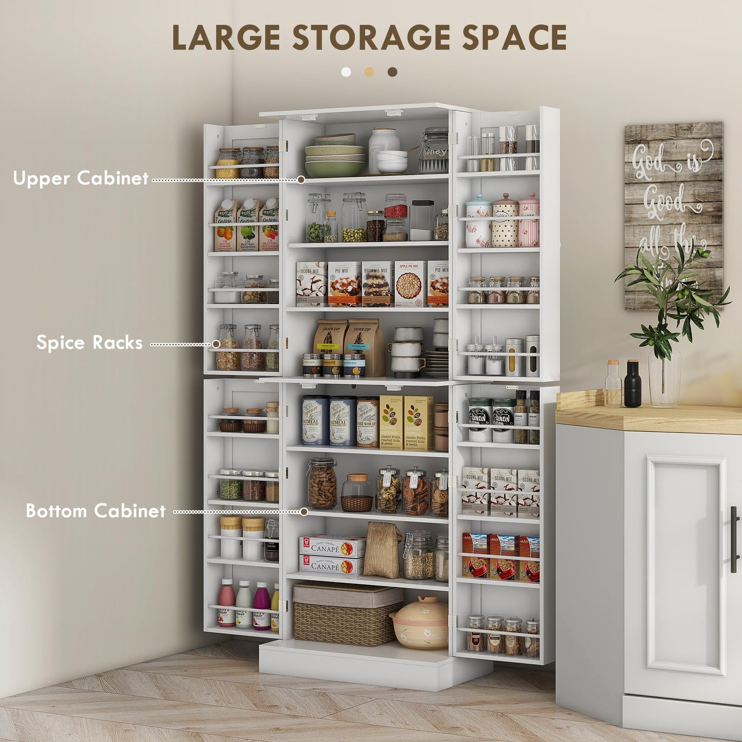 HOMCOM 65" Kitchen Pantry Storage Cabinet, Freestanding Kitchen Cabinet with 16 Door Shelves, Double Doors, 8-Tier Shelving and Adjustable Shelves, White