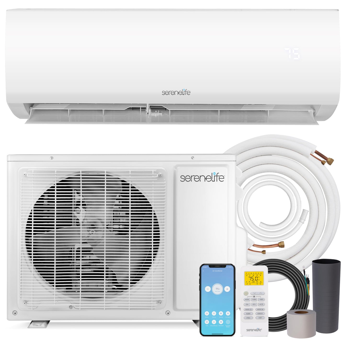 SereneLife 12,000 BTU Mini Split AC & Heating System, 230V Indoor & Outdoor Wall-Mounted Units with WiFi, Installation Kit Included for Home, Office & Bedroom, Up to 550 Sq. Ft. Coverage