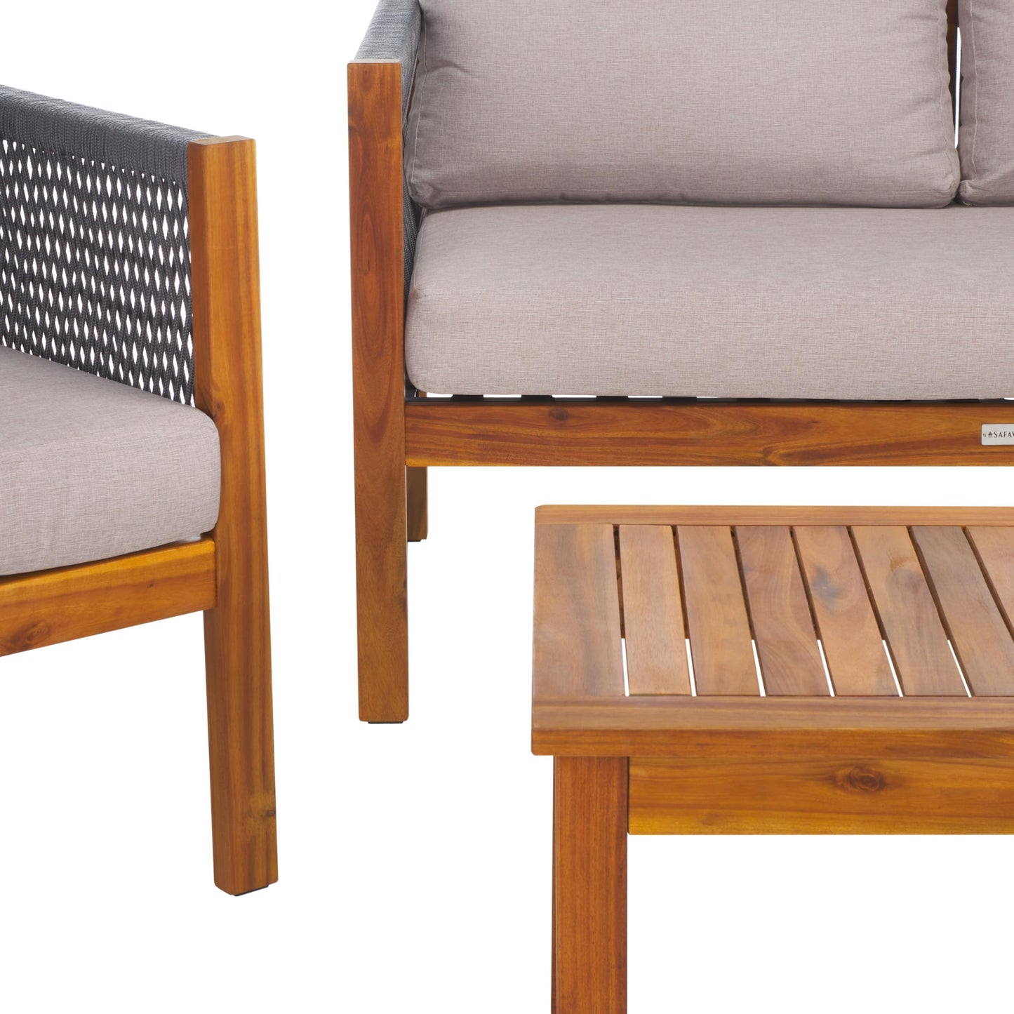 SAFAVIEH Outdoor Collection Wilson Brown Acacia Wood/Light Grey Cushion & Grey Rope 4-Piece Conversation Patio Set