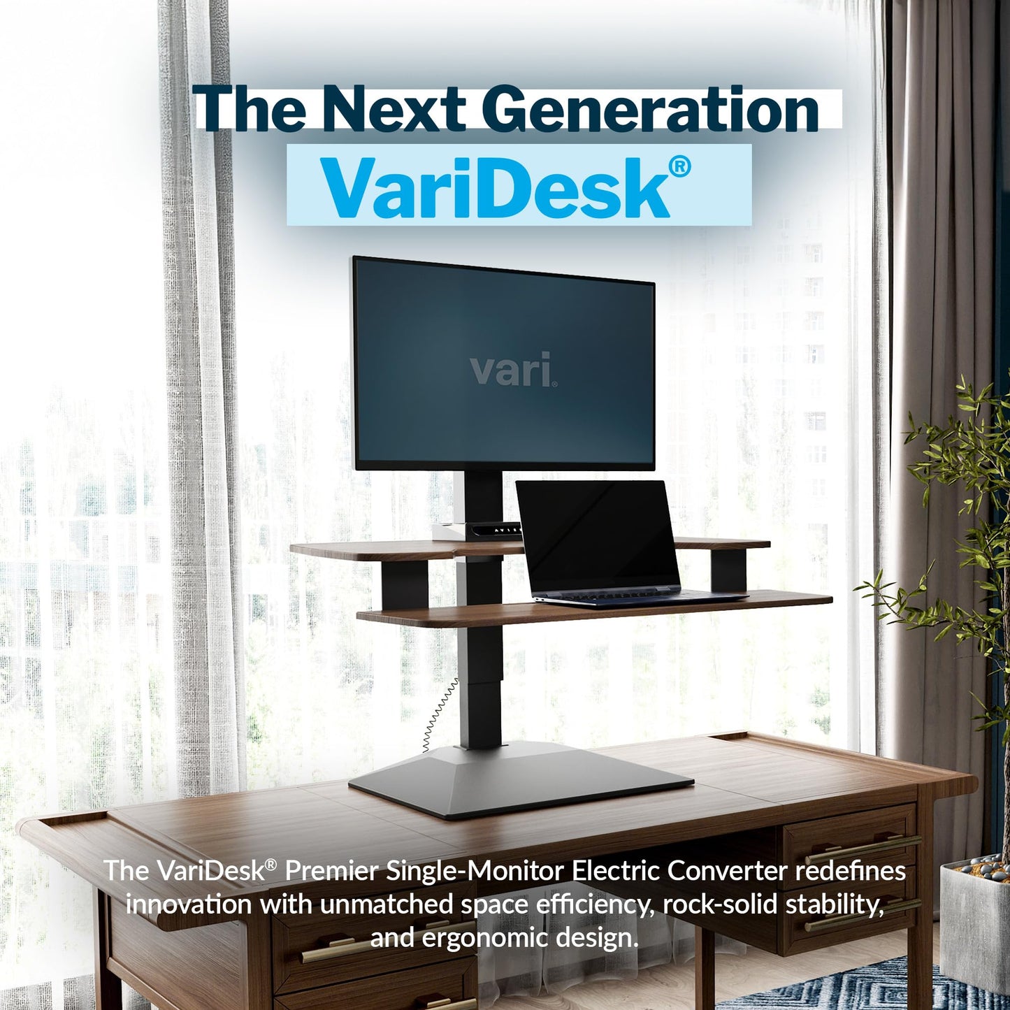 Vari VariDesk Premier Electric Converter - Standing Desk Height Adjustable Riser - Stand Up Converter for Home Office Workspace - Single Monitor Mount Computer Workstation (Walnut)