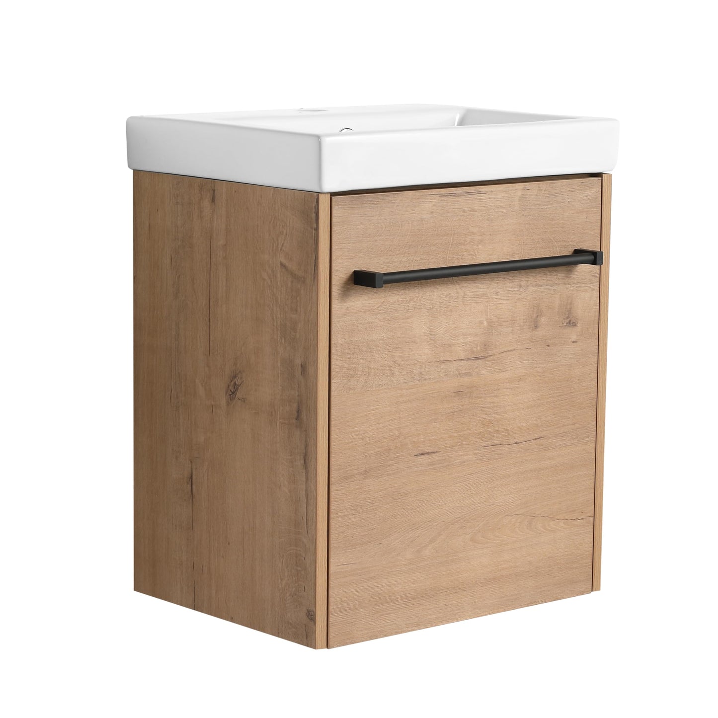 Noble House Home Furnishings Glemab 17.31" Floating Wall-Mounted Bathroom Vanity, Bathroom Vanity with Ceramic Sink, Soft-Close Cabinet Door, Wall-Mounted Storage Cabinet with Ceramic Sink, Oak