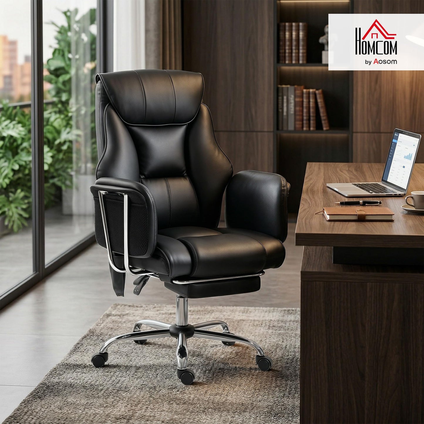 HOMCOM Massage Office Chair with 6-Point Vibration, 155° Recline & Retractable Footrest, PU Leather Executive Computer Desk Chair with Lumbar Support, Pocket Springs, Wheels for Home Office, Black