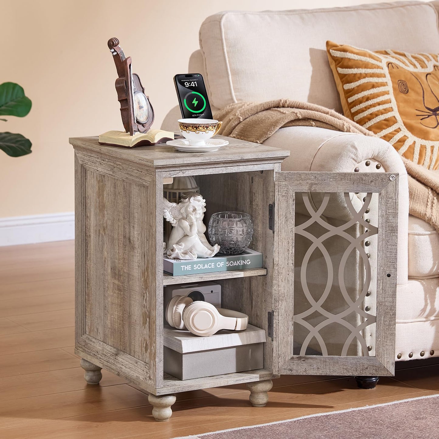 Joaxswe Narrow Side Table with Charging Station Set of 2, Night Stand with Glass Door,Bedside End Tables with Adjustable Shelf Storage Cabinet,Wood Nightstand for Small Spaces Living Room Bedroom