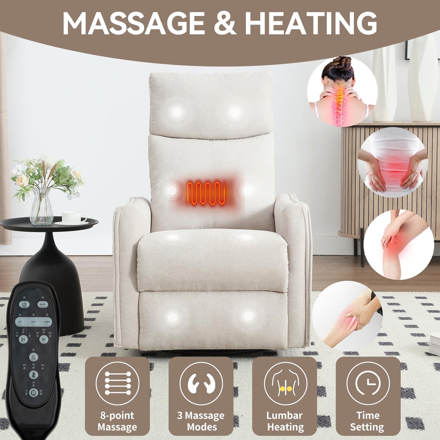KEIKI 4-in-1 Manual Swivel Rocker Recliner Chair for Home Living Room, Polyester Chair with Back Massager & Heat, Home Theater Seating with Lumbar Support, Reading Lounge Chair for Old Money, Beige