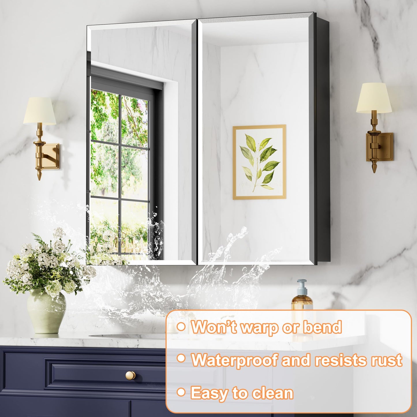 Keazile 30x30 Inch Medicine Cabinet with Mirror, Aluminum Bathroom Mirror Cabinet, Beveled Edge Mirrored Double Door, Adjustable Shelves, Surface or Recessed Mount Mirrors with Storage,Black