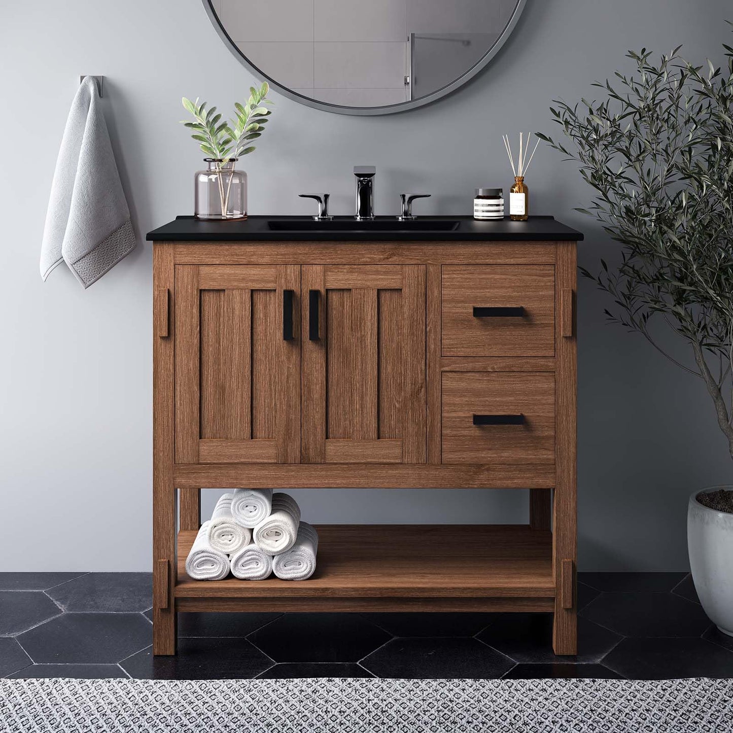 Modway EEI-6404-WAL Ashlyn 36” Wood Bathroom Vanity Cabinet (Sink Basin Not Included), Walnut
