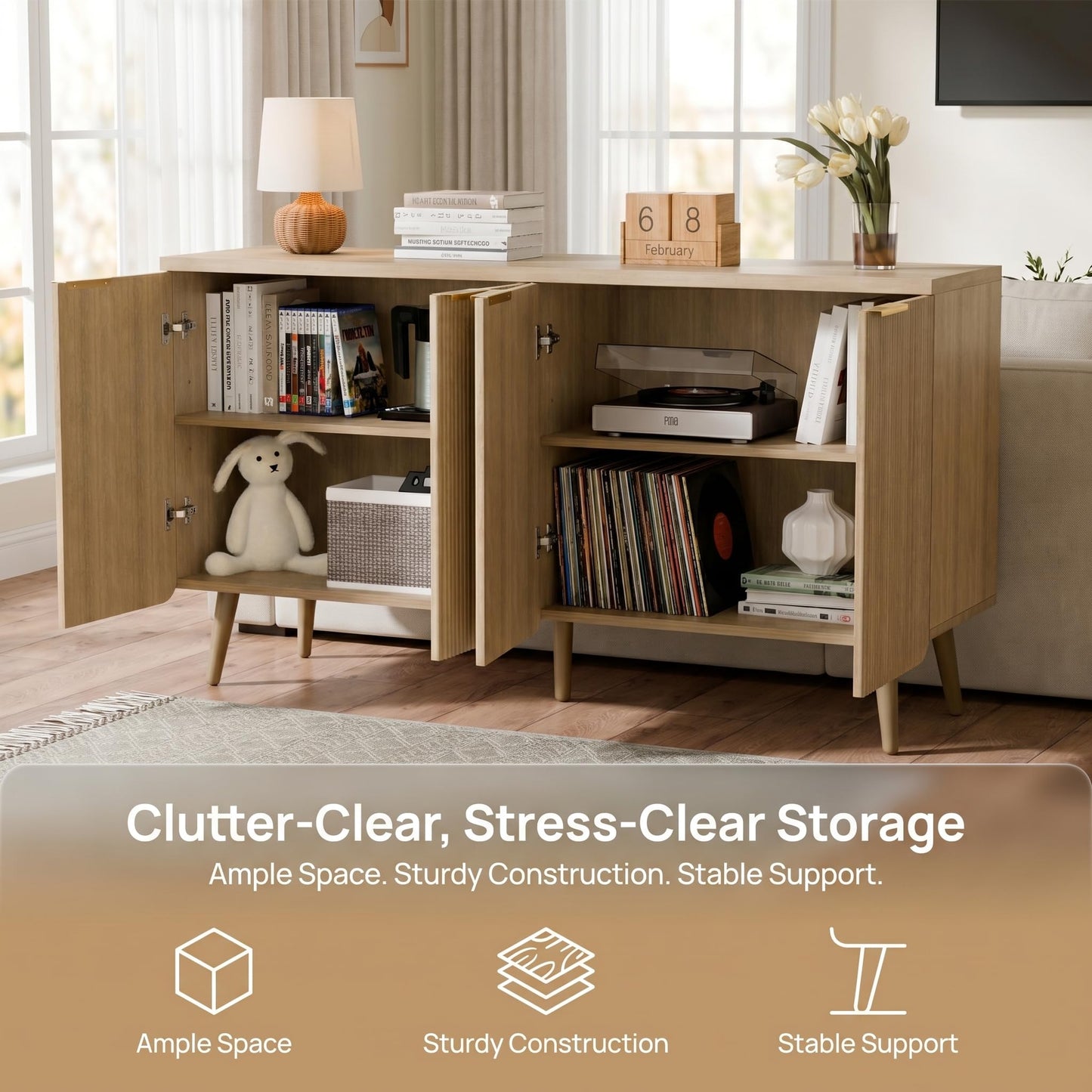 Trygoal Fluted Sideboard Buffet Cabinet with Storage, 4 Door Modern Credenza with Shelves, Wood Entryway Cabinet for Dining Room, Bedroom &Living Room (Natural Wood)