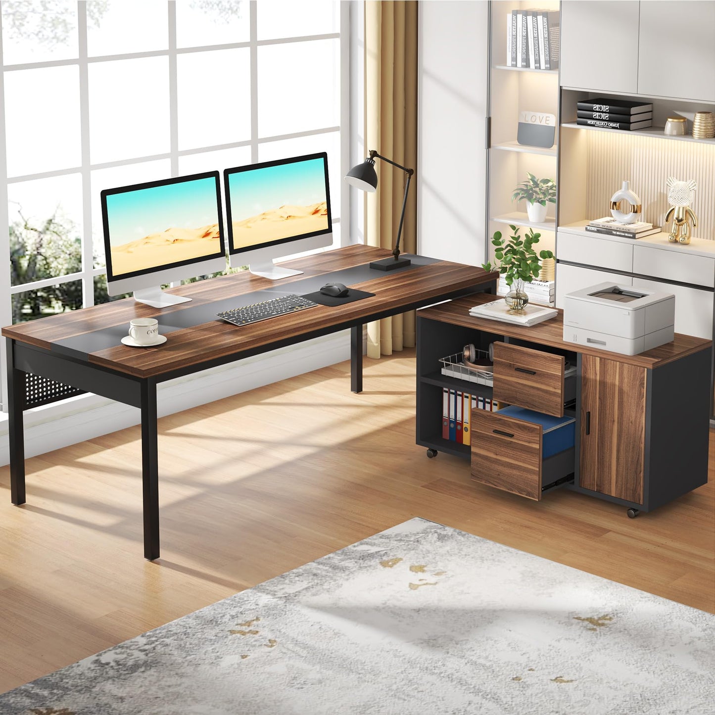 Tribesigns 71 Inch Executive Desk, L-Shaped Desk with Mobile File Cabinet, Executive Office Table with 2 Drawers and Storage Shelves, Business Furniture Workstation for Home Office, Walnut and Black