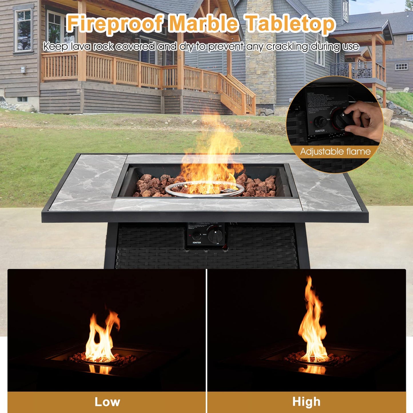 COSTWAY 35" Propane Gas Fire Pit Table, 50,000 BTU Auto-Ignition Propane Fire Pit with Lid, Lava Rocks and PVC Cover, Outdoor PE Rattan Fire Pit Table for Poolside, Garden, Balcony, ETL Certification