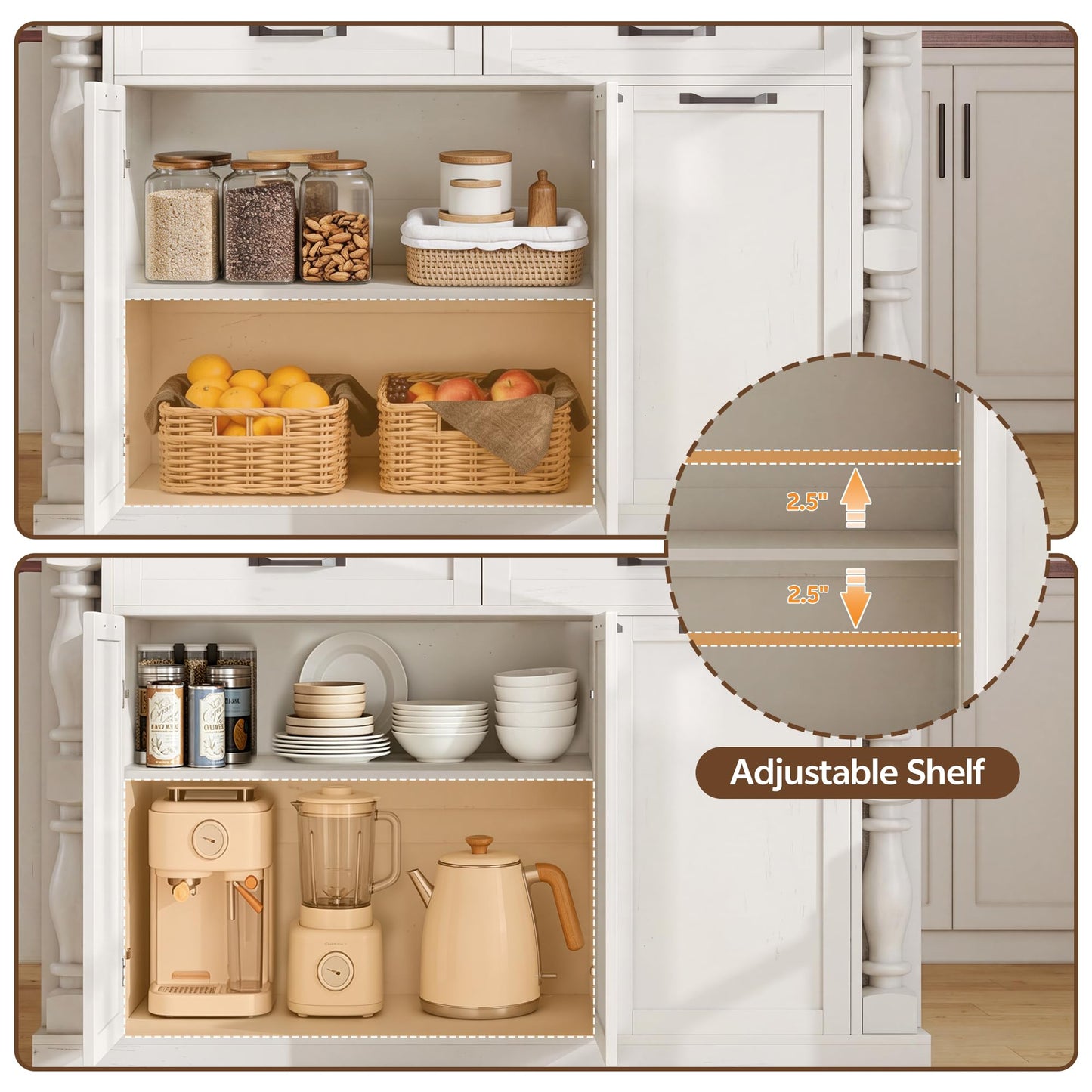 Homiflex Kitchen Island with Power Outlet & Trash Cabinet, 47.6" Roman Style Rolling Kitchen Island with Drop Leaf Tabletop 11.8", Kitchen Cart with Spice Rack & Drawers & Cabinets Coffee Bar Station