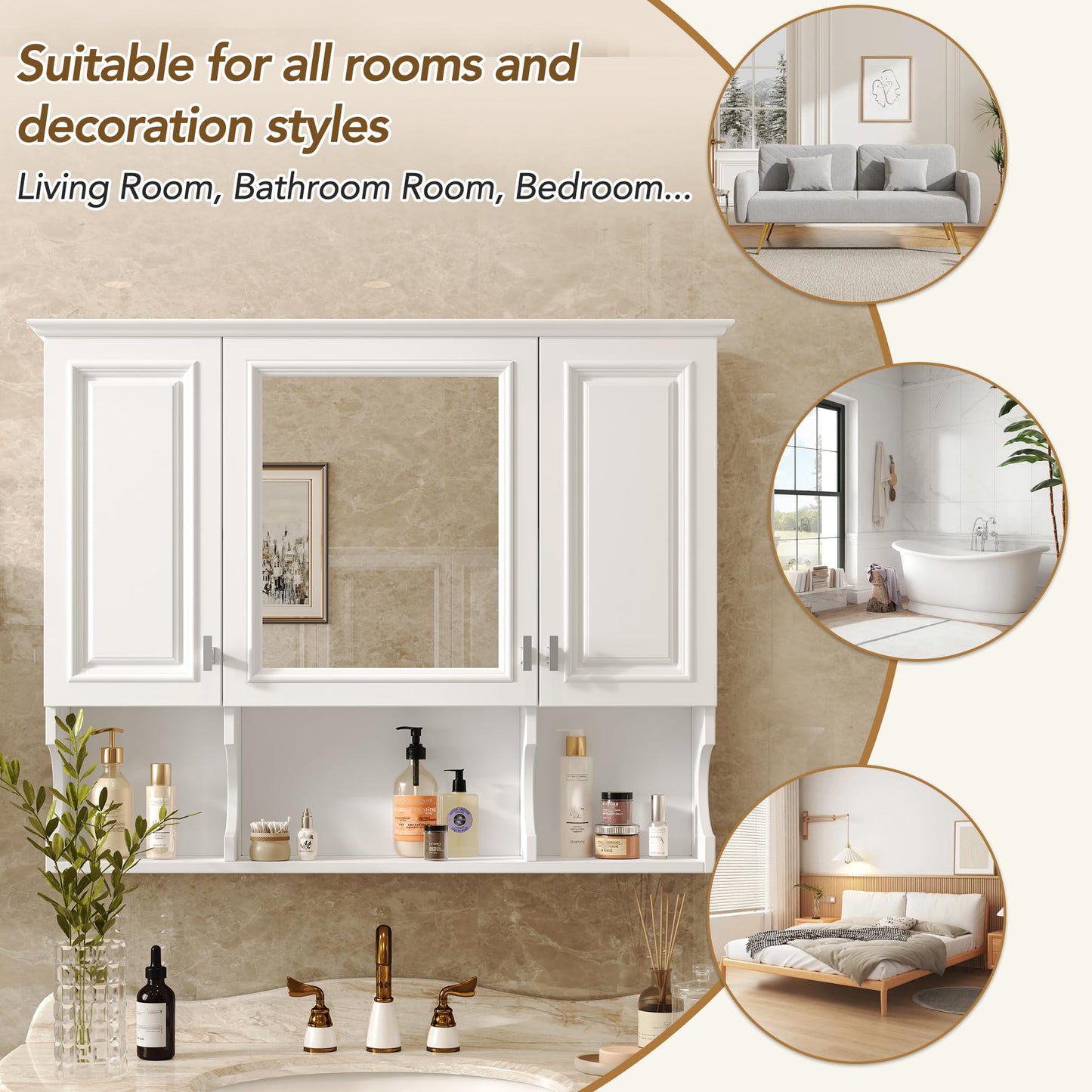 Merax Bathroom Wall Cabinet with Mirror, Wall Mounted Medicine Cabinet with Adjustable Shelves and Open Spaces, 35" x 28" Mirrored Door Over The Toilet Bathroom Storage Cabinet