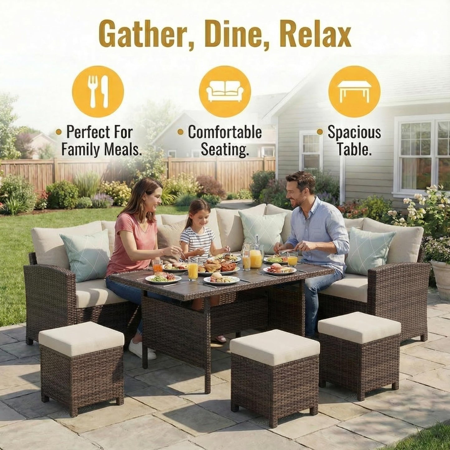 Wisteria Lane 7 Piece Patio Furniture Set, Wicker Patio Sectional with Wide Armrest, All Weather Outdoor Dining Set, Outdoor Furniture Patio Conversation Set with Ottoman, Brown
