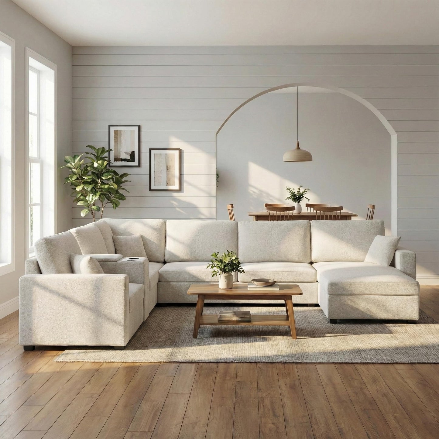 Merax Modern 134" U-Shaped Modular Sectional Sofa Couch with Cup Holders & Storage Drawers, Chenille 5-Seat Large Sectional Family Sofa with Chaise Lounge & Pillows for Living Room, Beige