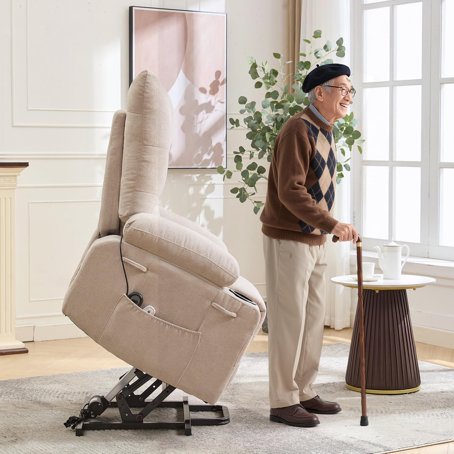 Power Lift Recliner Chair for Elderly - Electric Massage & Heat Recliner with 45° Assist Stand, Oversized Living Room Sofa with Soft Padded Upholstery, Side Pocket & Cup Holders for Living Room